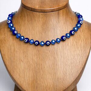 Blue Crystal Necklace with Evil Eye – Protection Jewelry, Nazar, Glass Beads